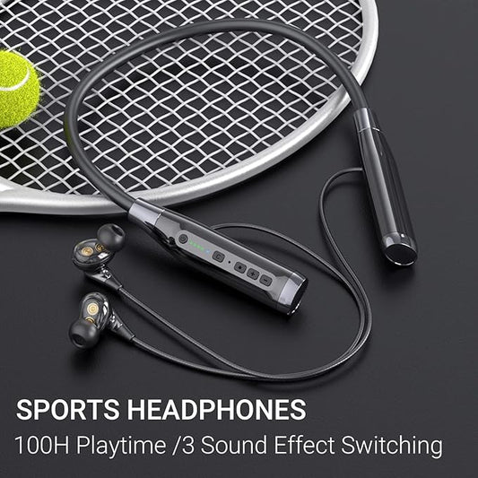 Bluetooth Headphones Neckband 100 Hours Extra Long Playback with Microphone Headset, 4 Speakers Heavy Bass Noise Reduction in Ear Wireless Earbuds Waterproof Running Workout (Black)