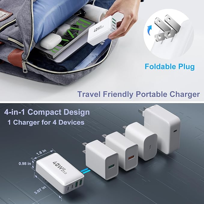 Flat USB C Wall Charger, OKRAY 3-Pack 40W 4-Port QC&PD3.0 Fast Charging Blocks with Foldable Plug, Slim USB A&USB C Charger Multiport Power Adapter for iPad, iPhone 16 15 14 13 12 Pro, AirPods, iwatch