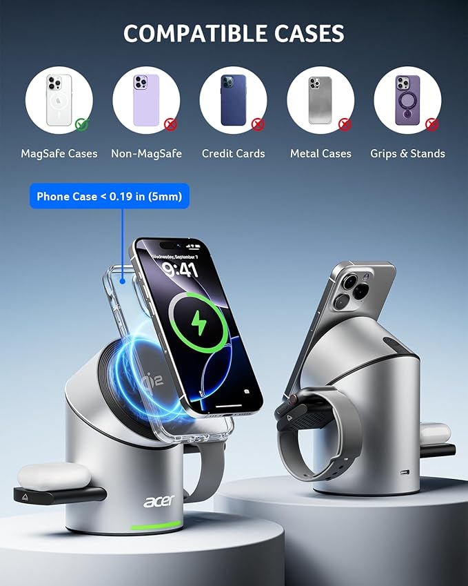 Acer 3 in 1 Charging Station for Apple - Qi2 15W iPhone Wireless Charging Station, Magsafe Charger Stand for iPhone 16 15 14 13 12 - Apple Watch - Airpods Series (Charger & USB-C Included)