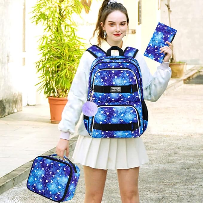 3Pcs Backpack for Girls Boys, 17 Inch School Bookbag with Lunch Box, Durable Laptop Backpacks Set for Teens College