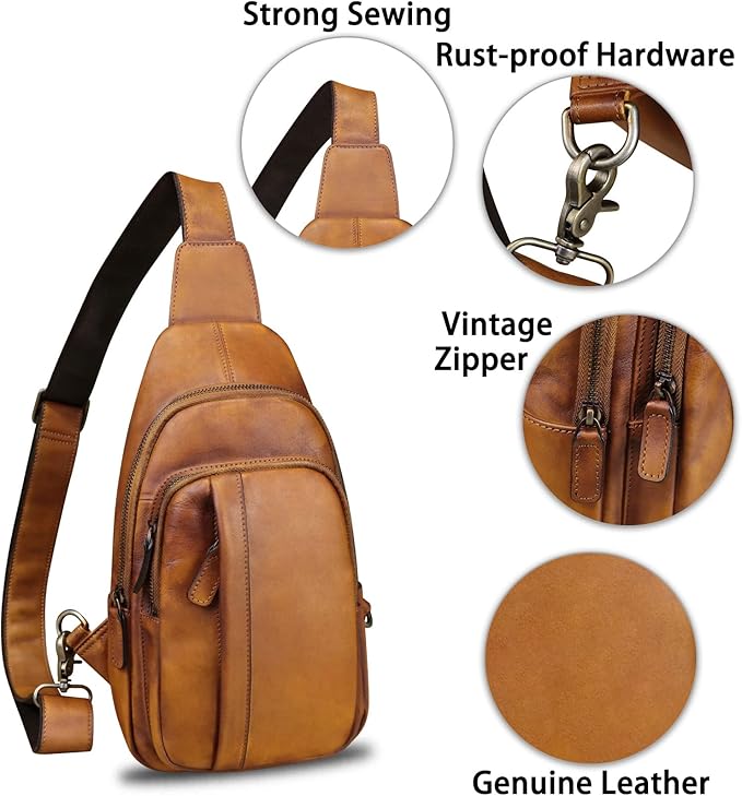 IVTG Genuine Leather Sling Bag Crossbody Casual Hiking Daypack Vintage Handmade Chest Shoulder Backpack Motorcycle Cycling Purses (Brown)