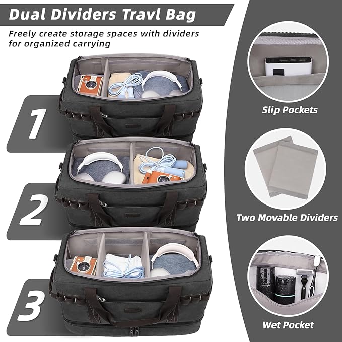 ZOMFELT Travel Duffle Bag for Men, 45L Waterproof Canvas Overnight Duffel Bag with Removable Dividers & Shoe Compartment, Carry On Weekender Gym bag, Multi-Pocket & Vintage Design (Washed Black)