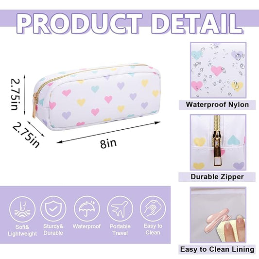 Small Pencil Case Makeup Bag for Purse, Cute Pencil Pouch Nylon Preppy Makeup Brush Bag with Zipper, Girls Portable Stationery Storage Case for Office School College(Slim-White Heart)