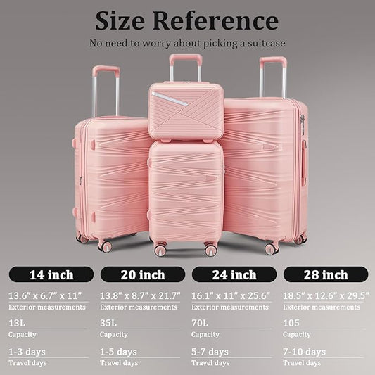 4-Piece Expandable Hardshell Luggage Set with TSA Lock (14/20/24/28) - Lightweight PP Suitcases, 360° Silent Spinner Wheels and Durable 100LB Handle for Air Travel (Pink)