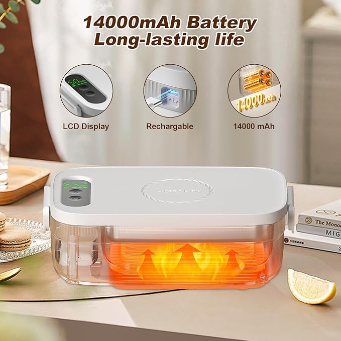 Cordless Electric Lunch Box for Adults, 14000mAh Rechargeable Auto Heated Lunch Box, 1L Protable Self-Heating Food Warmer for Car, Office, Travel, Picnic & outdoor