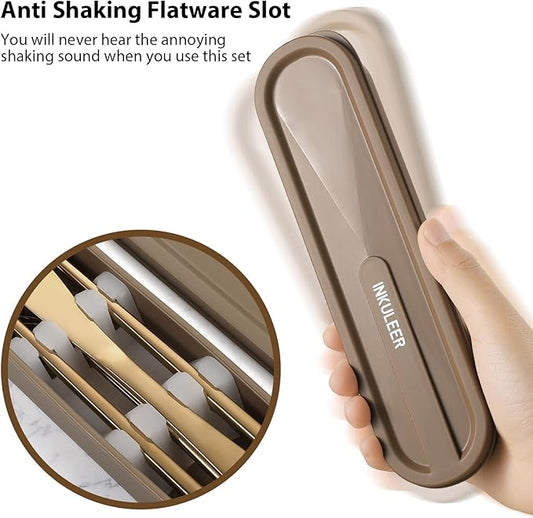 INKULEERTravel cutlery set, 18/8 stainless steel cutlery, Reusable utensils set with case, Portable Silverware Lunch Box for Camping and Office (Rose gold)