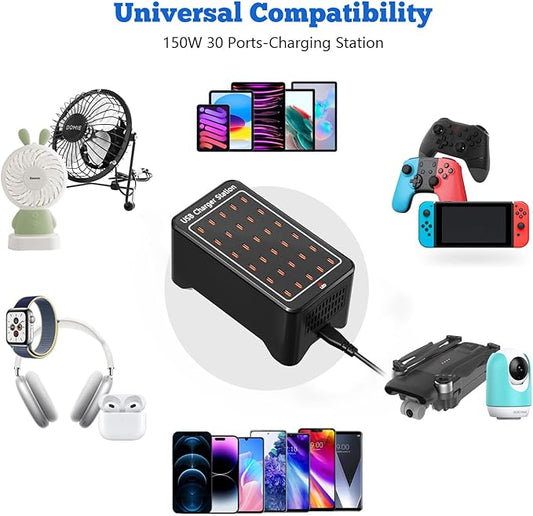 USB C Charger Station 150W, 30 Port USB Charger Block USB Charging Hub, Multiport USB C Charger Desktop Charger Compatible with iPhone 16/15/14/13/12/11, iPad, Tablets, Samsung GalaxyS23 S22,Phone