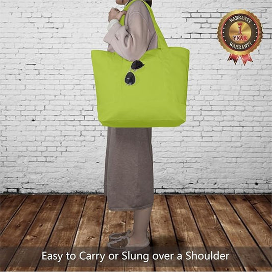 TOPDesign 1-Pack Canvas Tote Bag with an External Pocket, Reusable Grocery Shopping Bag, Top Zipper Closure, Daily Essentials (Light Green)