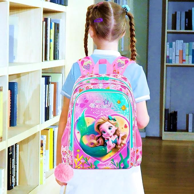 3Pcs Mermaid Backpack, 16" Kids Bookbag for Girls with Lunch Box, School Backpacks Set for Elementary Preschool Kindergarten(Pink)