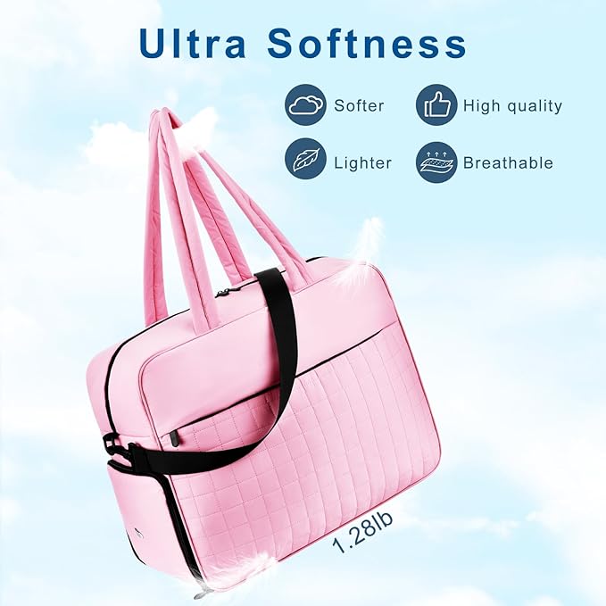 Felipe Varela Large Puffy Tote Bag, Gym Bags for Women with Shoe Compartment, Weekender Overnight Lightweight Carry on Puffer Duffle Bag for Travel (Pink,36L)