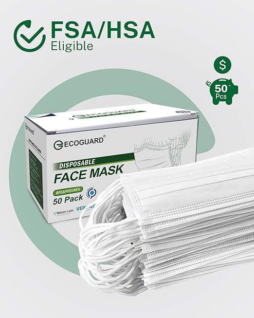 Disposable Face Masks Made in USA, 4 Ply for Families, Students, Breathable All-Day Wear & Safety, FSA HSA Eligible, ASTM Level 3 Medical Grade, 50 Pack, White