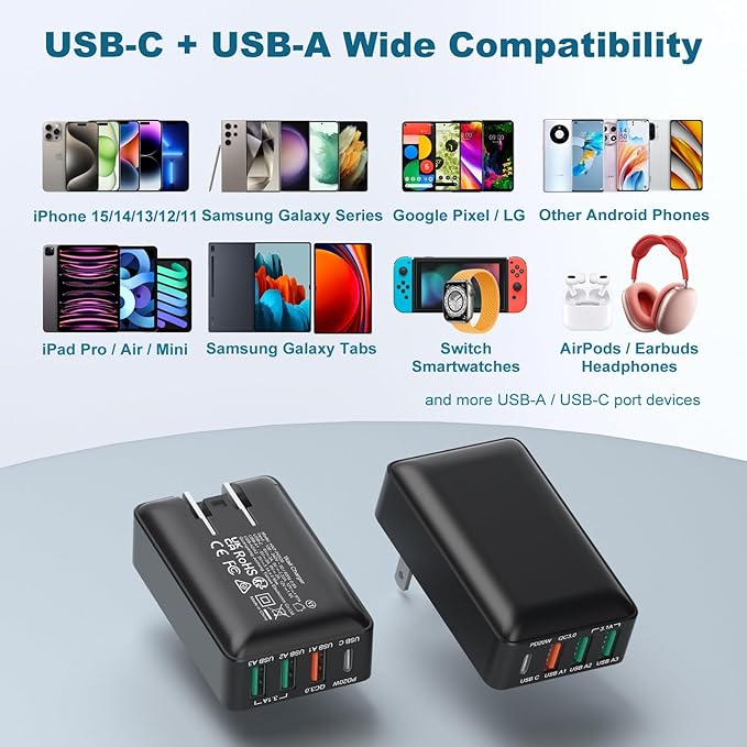 Flat USB C Wall Charger, OKRAY 40W 4-Port Fast Charging Blocks with Foldable Plug, QC&PD3.0 Multiport Travel Power Adapter Type C Phone Charger Compatible for iPhone 16 15 14 13 12 Pro, Galaxy S25 A35