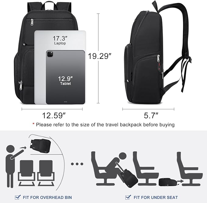 Extra Large Travel Laptop Backpack for Men & Women - USB Charging Port Anti Theft Water Resistant College School Work Backpack Fits 17 Inch Computer - 35L (Black, X-Large