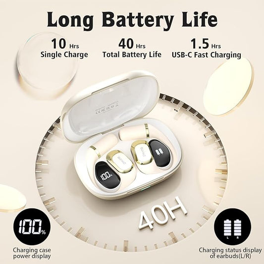 OHAYO Open Ear Headphones,Earbuds with Ergonomic Earhook,Bluetooth Headphones 5.4 with Smart Digital Display,40H Playtime,IPX6 Waterproof,Touch Control Earphones Fit Cycling,Running,Workout(Beige)