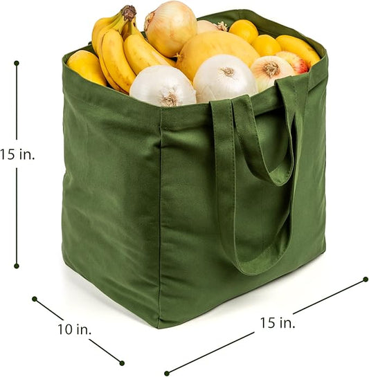 VeraMia Canvas Grocery Bag 3pc XL Set with Real Pockets, Long Shoulder Strap and Short Handle. Heavy Duty, Foldable, Washable