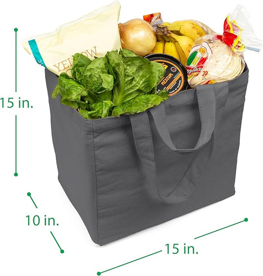 VeraMia Canvas Grocery Bag 3pc XL Set with Real Pockets, Long Shoulder Strap and Short Handle. Heavy Duty, Foldable, Washable