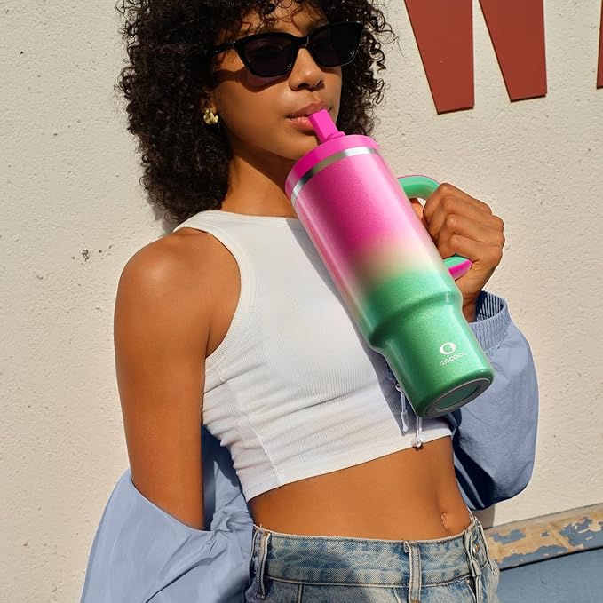 40 oz Tumbler with Handle and Straw: Stainless Steel Insulated Tumbler Keeps Cold for 24 Hours, Leakproof Travel Cup Fits in Cup Holder and BPA-Free, Fuchsia