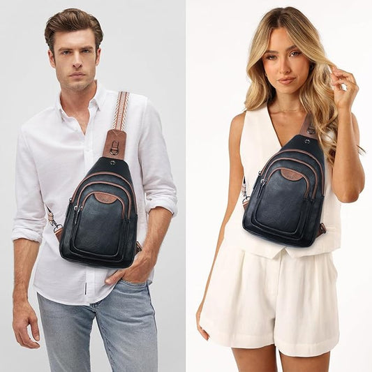 Crossbody Sling Bag for Women Men Anti Theft Cross Body Fanny Pack Belt Bag Purse Gifts for Women Faux Leather, Black Brown