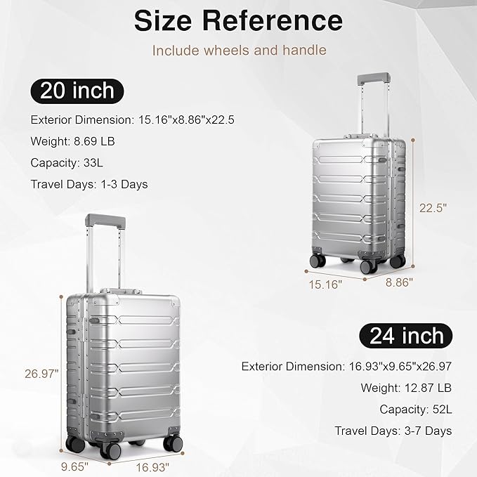 All Aluminum Carry On Luggage 22x14x9 Airline Approved,Zipperless Luggage Premium Aluminum Suitcase Luggage, Hard Shell Carry On Luggage with Spinner Wheels (silver, 20inch)