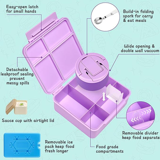 MAXSO Bento Lunch Box Set with 8 oz Soup Thermo, Kids Leakproof 4 Compartments Hot Food Container with Sauce Cup, Ice Pack and Lunch Bag, Child Insulated Food Jar for School - Purple