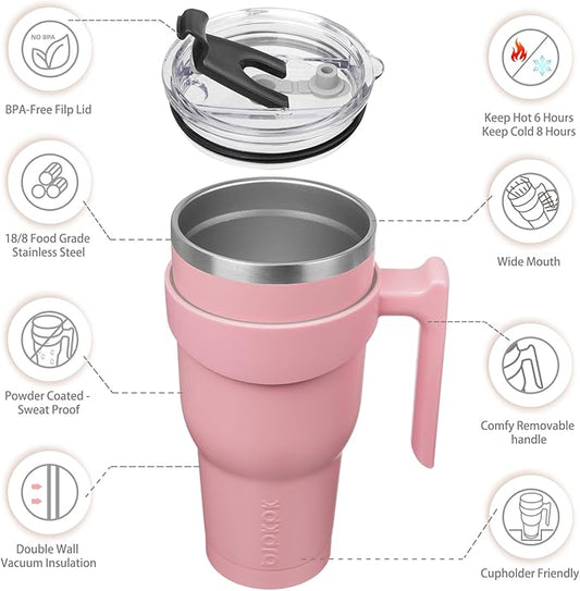 BJPKPK 40 oz Tumbler With Handle And Straw Stainless Steel Insulated Tumbler With Lid Reusable Metal Coffee Cups,Light Pink