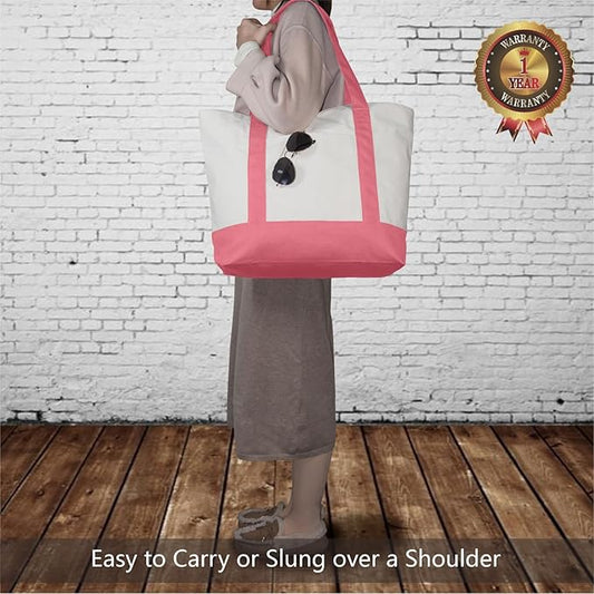 TOPDesign 1-Pack Canvas Tote Bag with an External Pocket, Reusable Grocery Shopping Bag, Top Zipper Closure, Daily Essentials (Rose Pink/Natural)