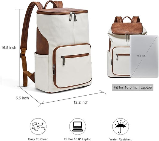 Leather Laptop Backpack for Women, 15.6 Inch Travel Backpack with Laptop Compartment, Casual Daypack Fashion Travel Backpack Purse for Travel College Work, Beige Brown