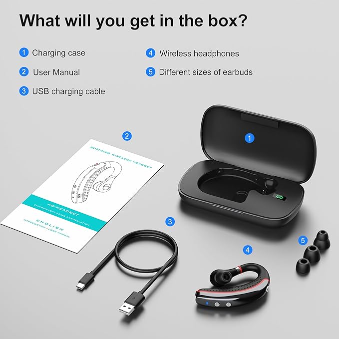 Bluetooth Headset V5.3, Bluetooth Earpiece with 72H Talk Time, Hand-Free Headphones Comfortable Fit, Bluetooth Headphones with Microphone for iOS, Android Devices, for Trucker/Office