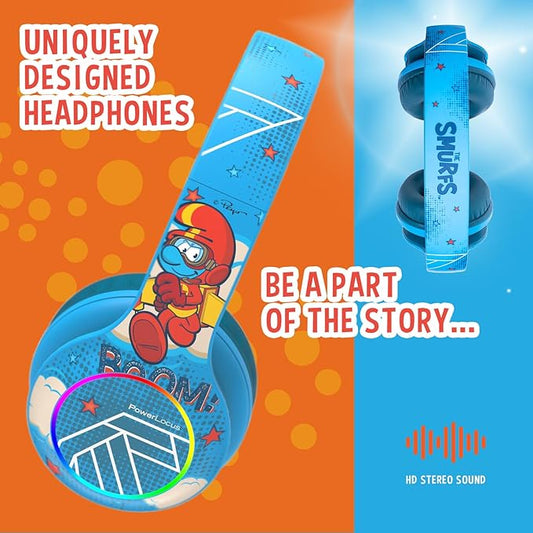 PowerLocus The Smurfs Kids Headphones, Bluetooth Headphones Over Ear for Kids with LED Lights, 74/85/94dB Volume Limited, Micro SD/TF, Foldable with Hi-Fi Stereo, Built-in Mic for School/Tablet/Travel