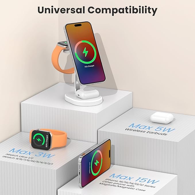 3 in 1 Wireless Charging Station,Detachable Apple Watch Charger & 15W Charger Stand for MagSafe for iPhone, Wireless Charger for Multiple Devices iPhone 16/15/14/13&Watch&AirPods(Yellow)