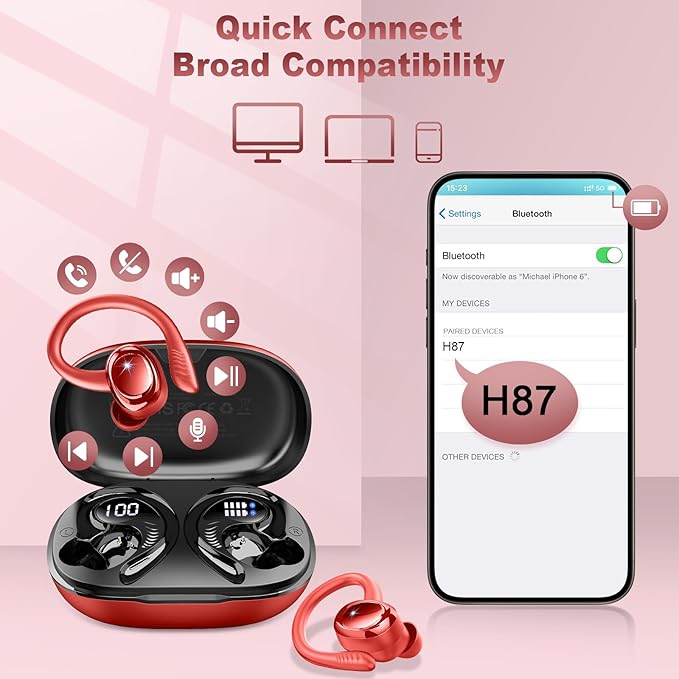Wireless Earbuds Sport, 2025 Bluetooth 5.4 Headphones with Earhooks, 50H Stereo Deep Bass Over Ear Buds with 4 ENC Noise Canceling Mics, IP7 Waterproof Earphones for Running Workout Gym -Red