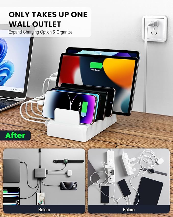Charging Station for Multiple Devices, Honcila 50w 6 Port Fast Charger Stations for iPhone, iPad, Cell Phone, Tablet, Multi Device Charging Dock Organizer with 6 Mixed Charging Cables