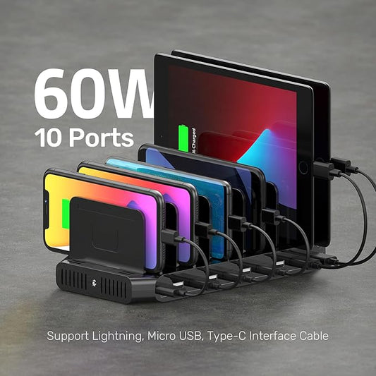 Unitek USB Charging Station, 10 USB Fast Ports Charge Docking Station and Adjustable Dividers, Multi Device Charger Organizer Compatible with iPad, iPhone, Tablet and Cell Phone