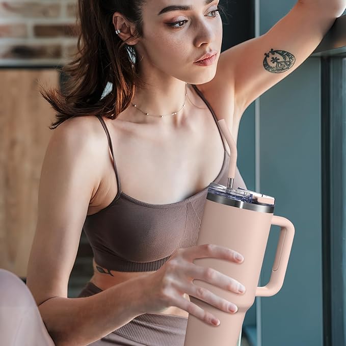 40 oz Tumbler with Handle and Straw Lid,Insulated Reusable Stainless Steel Water Bottle Travel Mug,Cupholder Friendly Double Wall Vacuum Sealed Cup (Rose Quartz)