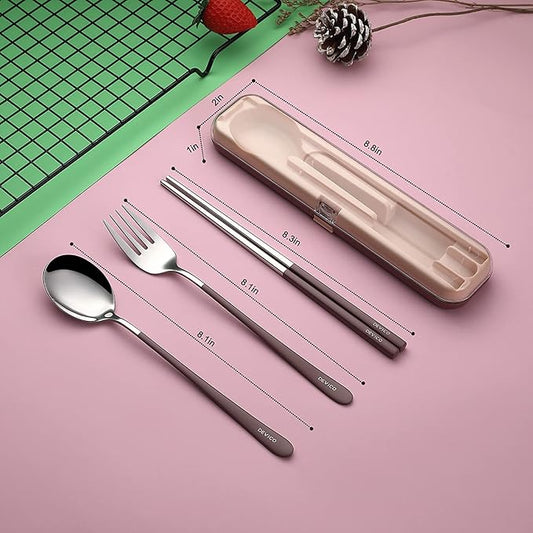 DEVICO Portable Utensils, Travel Reusable Silverware Flatware Set for Lunch, 18/8 Stainless Steel 4-Piece Camping Cutlery Include Fork Spoon Chopsticks with Case (Brown)