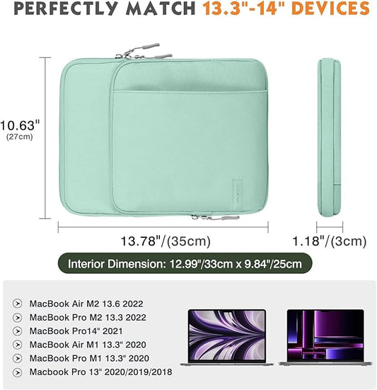 MoKo Laptop Sleeve Bag for 13.3-14 Inch, Notebook Carrying Case with Pocket Fits MacBook Pro M2 14/13/M1/Max 14.2/Air 13.6" M3/M2 2024/2022, Surface Pro 9/8 13", Mint Green