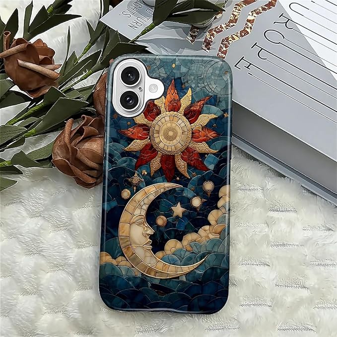 Case for iPhone 16 Plus Case,Sun Moon Stars Faux Stained Glass Design Hybrid Dual Protection Silicone + Hard PC Shockproof Full Body Cover Slim Anti-Scratch Protective Case for Men Women