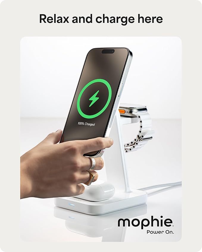 Mophie Snap+ 3-in-1 Wireless Charging Stand - MagSafe & Qi2 Certified, Compatible w/iPhone 17/16/15/14/13/12, Apple Watch, AirPods - Multi-Device Magnetic Charging Station, Eco-Friendly Design, White