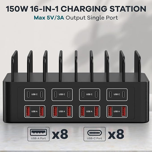 150W/35A Charging Station for Multiple Devices, RUANSZZ 16 Port USB~C Fast Charging Station, Multiple Charger Organizer Compatible with Cell Phone, iPad, Kindle, Tablet and Other Electronic