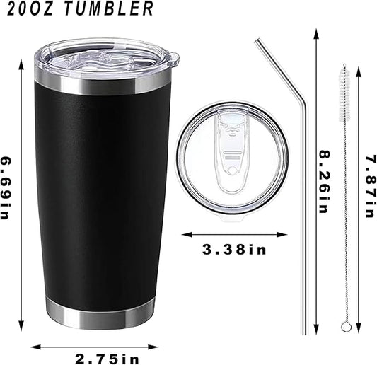 20oz insulted tumblers stainless steel cup Tumbler Bulk with push Lid, and metal straw powder coated coffee cup for cold and hot drinking (12, black)