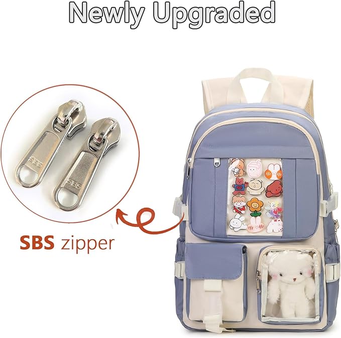 Kawaii Backpack for Teen Girls, Cute Aesthetic High Middle School College Bookbag with Accessories, Blue and Beige