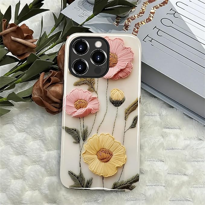 Case for iPhone 14 Pro Case,Faux Embroidery Boho Floral Design - Hybrid Dual Protection Silicone + Hard PC Shockproof Full Body Cover Slim Anti-Scratch Protective Case for Men Women