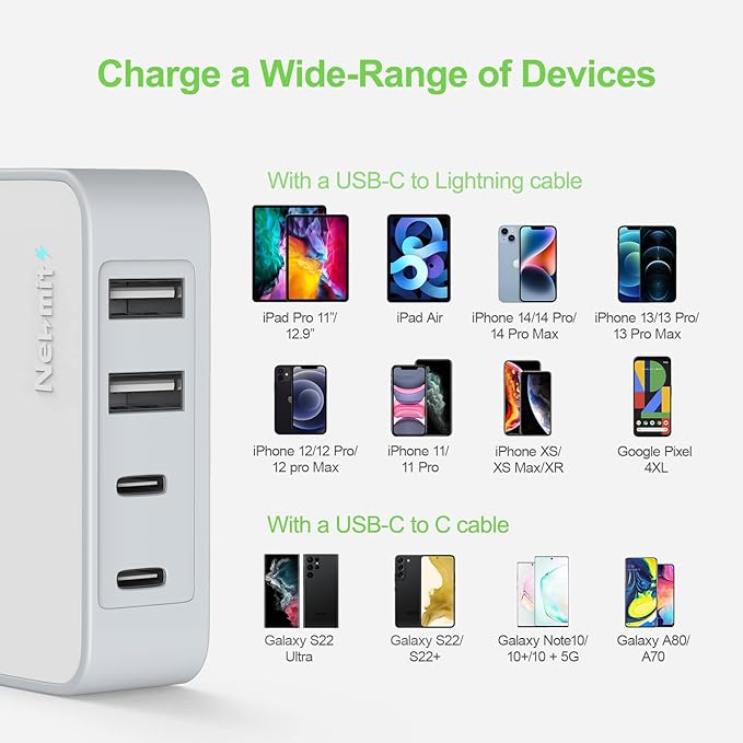 Nekmit USB C Charger, 52W 4-Port Thin Flat Fast Wall Charger Type-C Charging Station with Two 20W PD 3.0 and 2 USB Ports for iPhone 14/14 Pro/14 Pro Max, iPad Pro, AirPods, Galaxy, Android and More