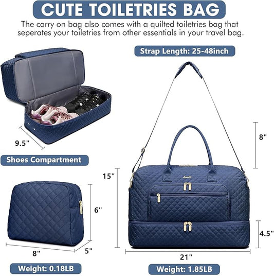 Travel Duffle Bag Weekender for Women - 38L Carry-On Overnight Bag Personal Item Bag with Shoe Compartment & Wet Pocket Weekend Tote Bags with Toiletry Bag Hospital Bags for Labor and Delivery Navy