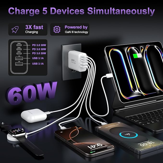 USB C Fast Wall Charger Block, 2Pack 60W USBC Charging Cubes, 5-Port PD+QC Power Adapter Multiport Brick Type C Box Plug for iPhone 17/16/15/14/13/12/11/Pro Max/Plus/Air, iPad mini/Pro,Galaxy S25/S24