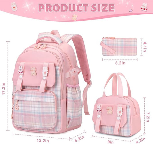 Backpack for Girls, Kids Girls Backpacks Set with Lunch Bag Pencil Case, Cute Bookbag Waterproof Backpack for Elementary Middle School, Pink