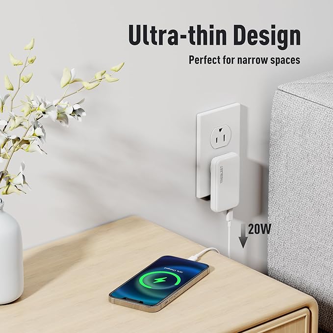 Ultra-Thin 20W USB-C PD Fast Portable Charger, 2-Port Wall Charger, Dual Port PD 3.0& QC 3.0 Compatible for iPhone 15 &15 Pro, 14&14Pro, 13/ 13Pro/ 12/12Pro/ Pixel 8& 8 Pro