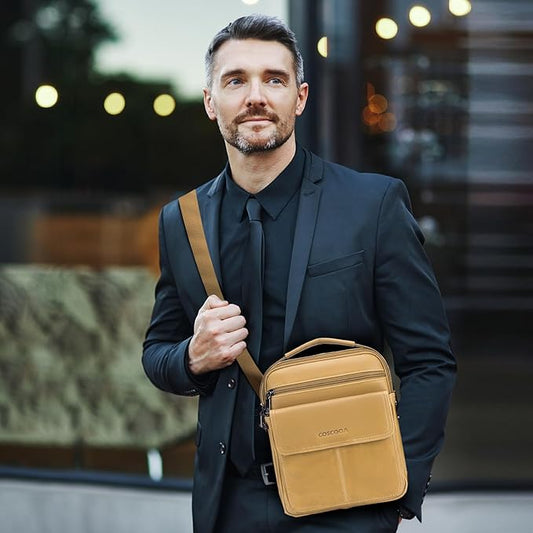 Men's Leather Crossbody Shoulder Bag - Messenger Satchel Travel Handbag