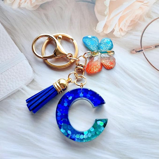 Cute Initial Letter Keychains for Women Girls Tassel Butterfly Pink Purple Green Keychain for Backpack School Bag