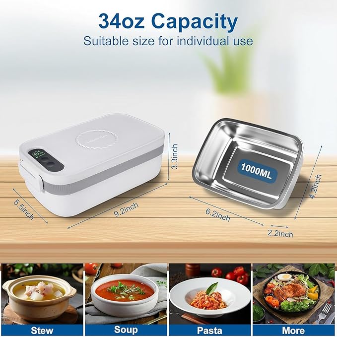 Cordless Electric Lunch Box for Adults, 14000 mA Rechargeable Self Heating Lunch Box with Lunch Bag and Tableware, 1L Protable Food Lunch Warmer for Office Work, Car, Travel, Picnic & Outdoor (White)
